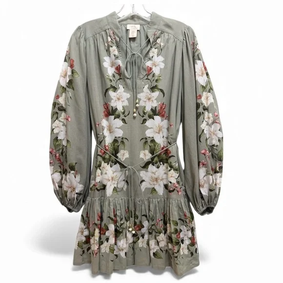 Camila Coelho Floral Mini Dress Blouson Sleeve Waist Tie Size Sage Green Size XS - Picture 11 of 11